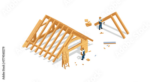 Isometric construction scene with workers building wooden roof structure