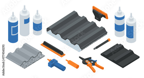 Isometric roofing tools and materials set for construction projects