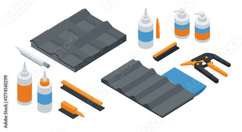 Roofing tools and materials in isometric style with repair equipment and sealants