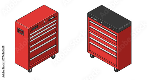Isometric tool chest set with drawers and wheels in red and black