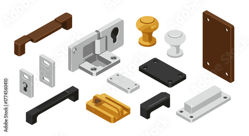 Isometric door hardware set: handles, knobs, hinges, plates in modern design