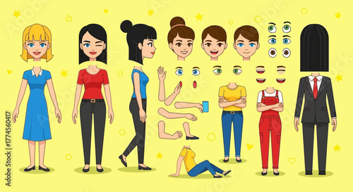 Cartoon character creation kit featuring interchangeable features and outfits