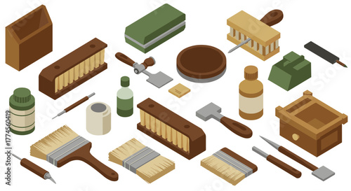 Isometric set of shoe care tools with brushes, creams, and cloths for footwear maintenance