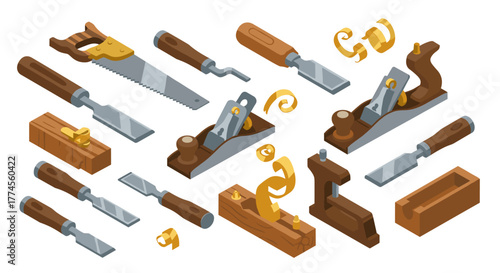 Set of isometric woodworking tools: hand planes, chisels, and saws