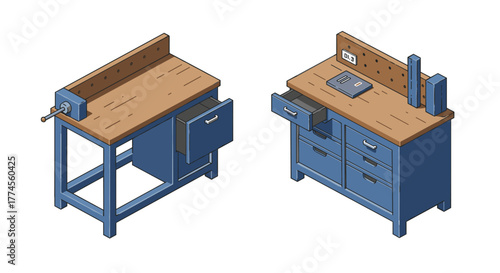Isometric workbench designs with tools and storage in blue and wood tones