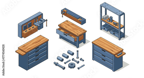 Isometric workshop tools and furniture set with workbenches and cabinets