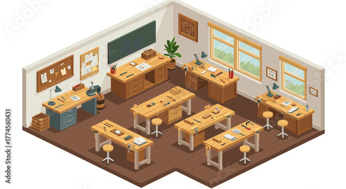 Isometric classroom interior with wooden furniture and art supplies