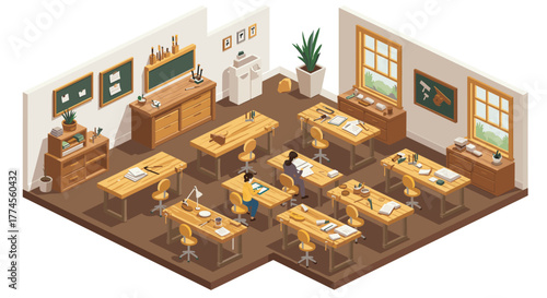 Isometric classroom interior with students and wooden furniture in a cozy learning environment