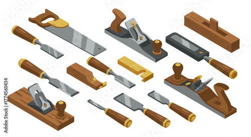 Isometric hand tools collection featuring saws, planes, chisels, and blocks