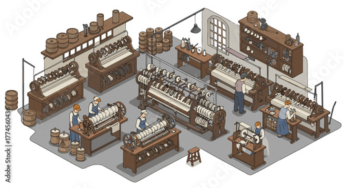 Historic workshop scene with skilled craftsmen and vintage machinery in isometric view