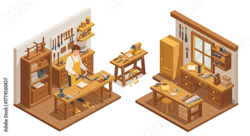 Isometric workshop scene with craftsman and carpentry tools in cozy woodworking studio