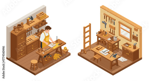Isometric workshop with carpenter and tools in cozy woodworking space