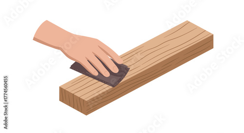 Hand sanding a wooden plank in simple flat design