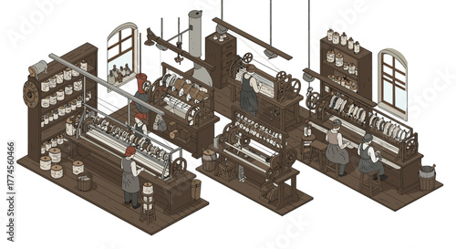 Isometric industrial textile factory with workers in a historical setting