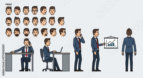 Cartoon businessman character kit illustrating work activities and facial expressions