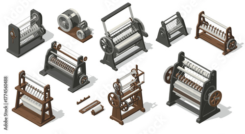 Isometric vintage yarn spinner collection: industrial heritage machines