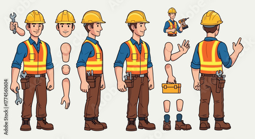 Cartoon construction worker character kit with interchangeable parts, a versatile asset