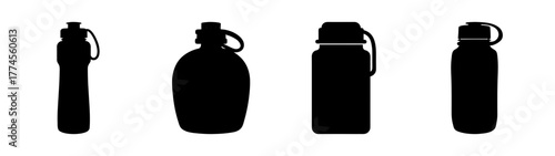 Collection of four silhouette style black water bottles and canteens for outdoor adventures