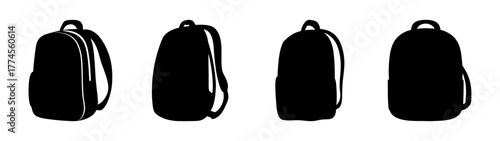 Four black backpacks shown in silhouette from a slightly varied perspective perfect for travel.