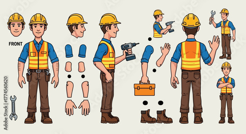 Cartoon construction worker character with movable body parts for animation design