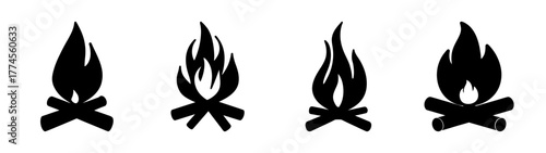 Four simple black campfire icons showing flames and burning logs in a row