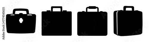 Four black briefcases icons with handles showcase different styles and designs for professionals