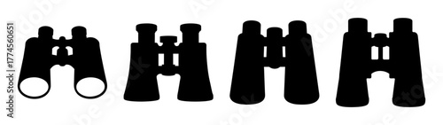 A line of four identical black silhouette binoculars against a white backdrop