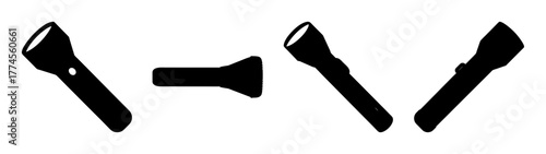 Four black flashlights displayed at different angles in a row portable lighting equipment
