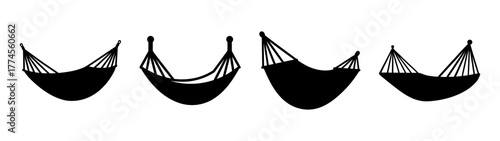 Four black hammocks silhouetted against a relaxation and leisure concept