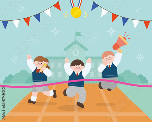 결승선을 통과하는 학생 캐릭터 수능합격 응원 일러스트