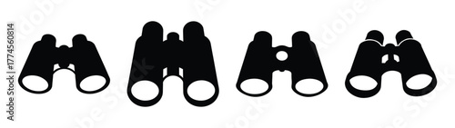 Multiple black binoculars displayed side by side for viewing and observation
