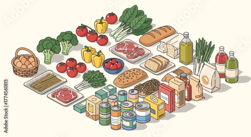 Diverse selection of fresh groceries and household essentials arranged in an orderly layout