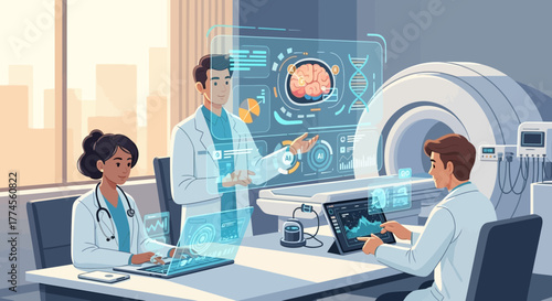Illustrative portrayal of doctors utilizing advanced technology in medical analysis environment