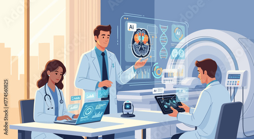 Illustration of Doctors Collaborating on AI-Powered Medical Analysis with Advanced Scanners