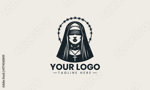 Striking black vector illustration of a blindfolded nun with a barbed wire halo creating a powerful religious spiritual devotion symbol