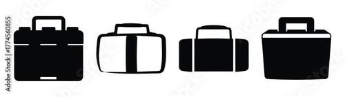 Collection of first aid kit icons in various styles and orientations