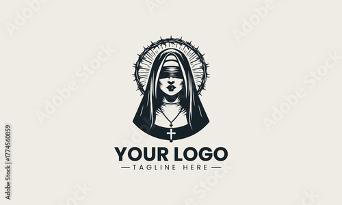 Striking black vector illustration of a blindfolded nun with a barbed wire halo creating a powerful religious spiritual devotion symbol