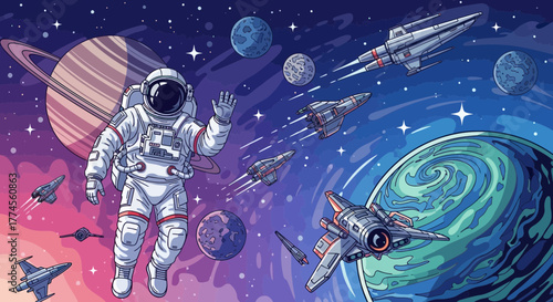 Astronaut in Space with Planets and Spaceships in Cartoon Style Illustration
