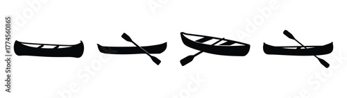 Four simple black silhouettes of canoes and paddles on a