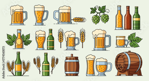 Collection of assorted vector beer icons depicting traditional brewing elements