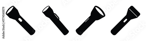 Collection of four black flashlights shown at different angles with a clean