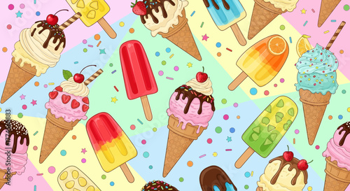 Colorful Seamless Pattern with Delicious Ice Cream and Popsicles for a Summery Treat