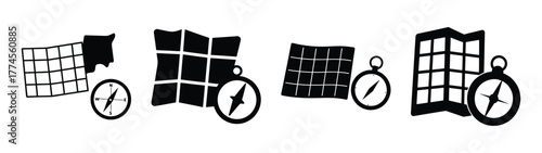 Map and compass icons for navigation adventure and outdoor exploration activities