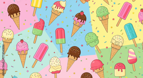 Colorful seamless pattern with ice cream cones and popsicles for summer fun