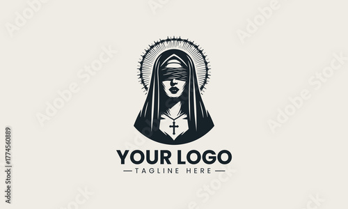 Striking black vector illustration of a blindfolded nun with a barbed wire halo creating a powerful religious spiritual devotion symbol