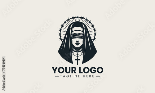 Striking black vector illustration of a blindfolded nun with a barbed wire halo creating a powerful religious spiritual devotion symbol