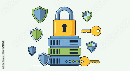 Cybersecurity Concept with Server Stack, Padlock, Keys, and Shield Icons