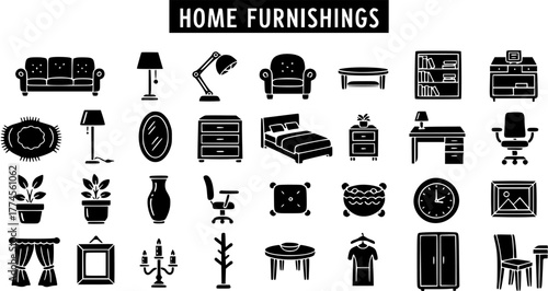 Black Silhouette Vector Icon Set of Home Furnishings and Decor Items, Including Furniture, Lighting, and Accessories on White Background