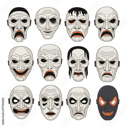 Collection of Creepy Masks for Halloween or Horror Themes.