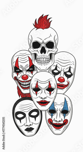 Collection of Creepy Clown Masks and Skull with Red Mohawk.